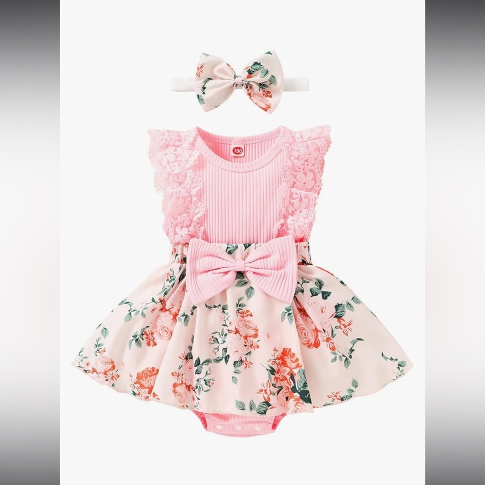 $15 sale YOUNGER TREE Baby Dress Infant Headband Romper Outfit floral Easter